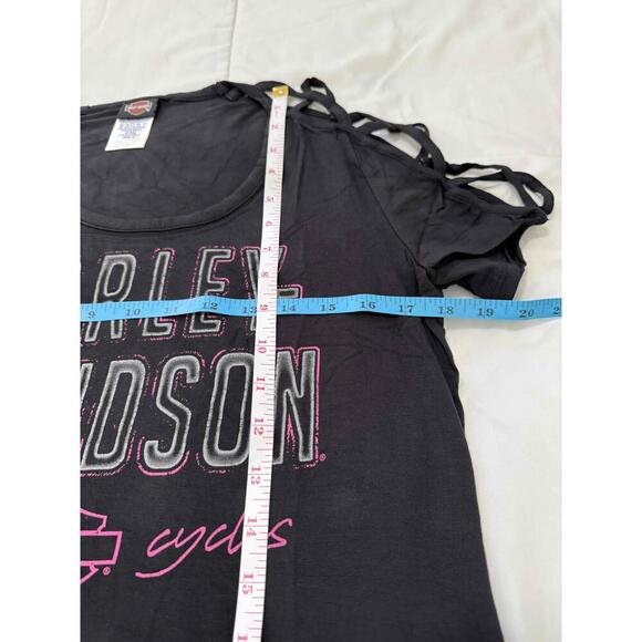 Harley-Davidson Black Cold Shoulder Distressed Print Criss Cross Top T-Shirt M - Picture 6 of 6